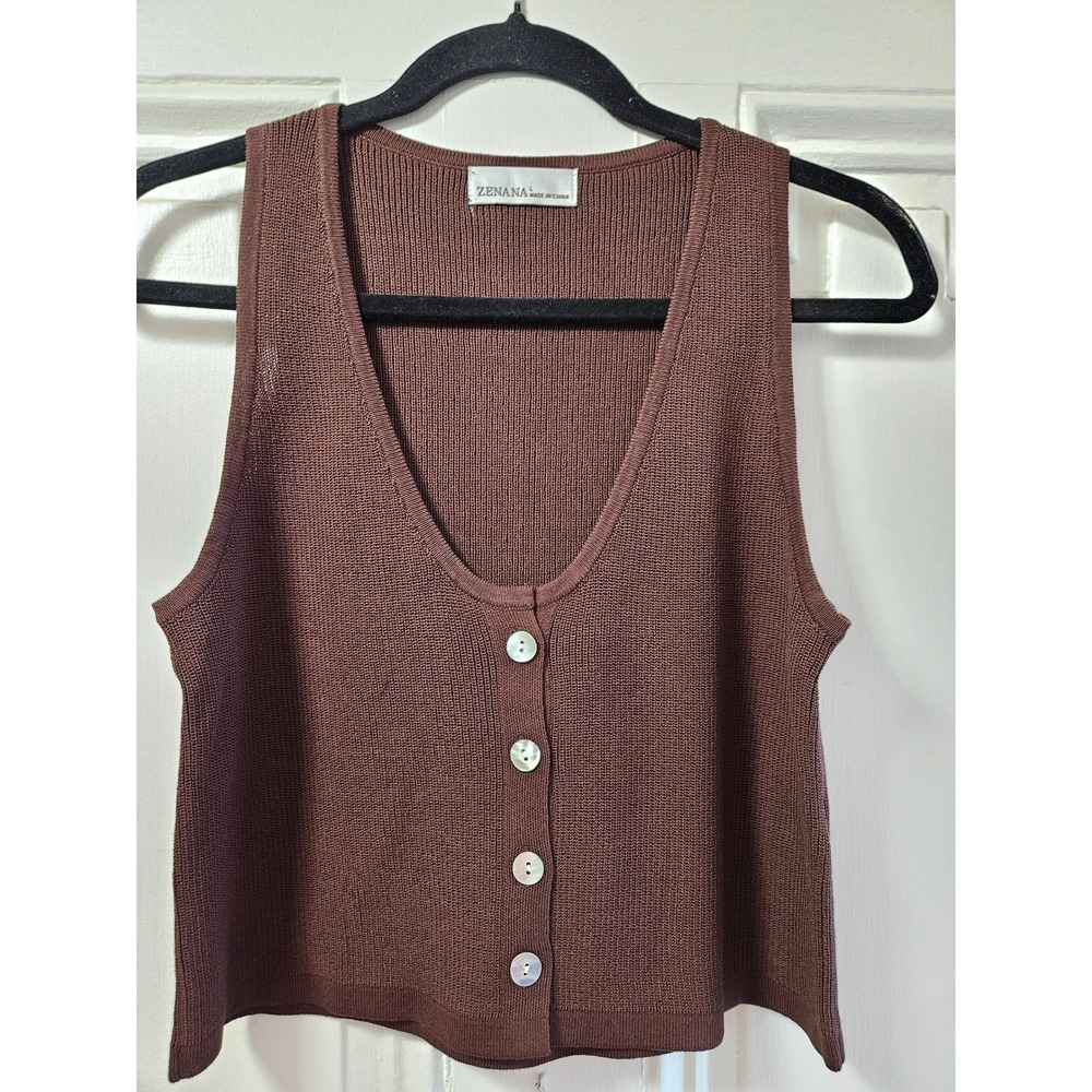 Zenana Women Brown Ribbed Knit V-Neck Button Front Cropped Sweater Vest Large